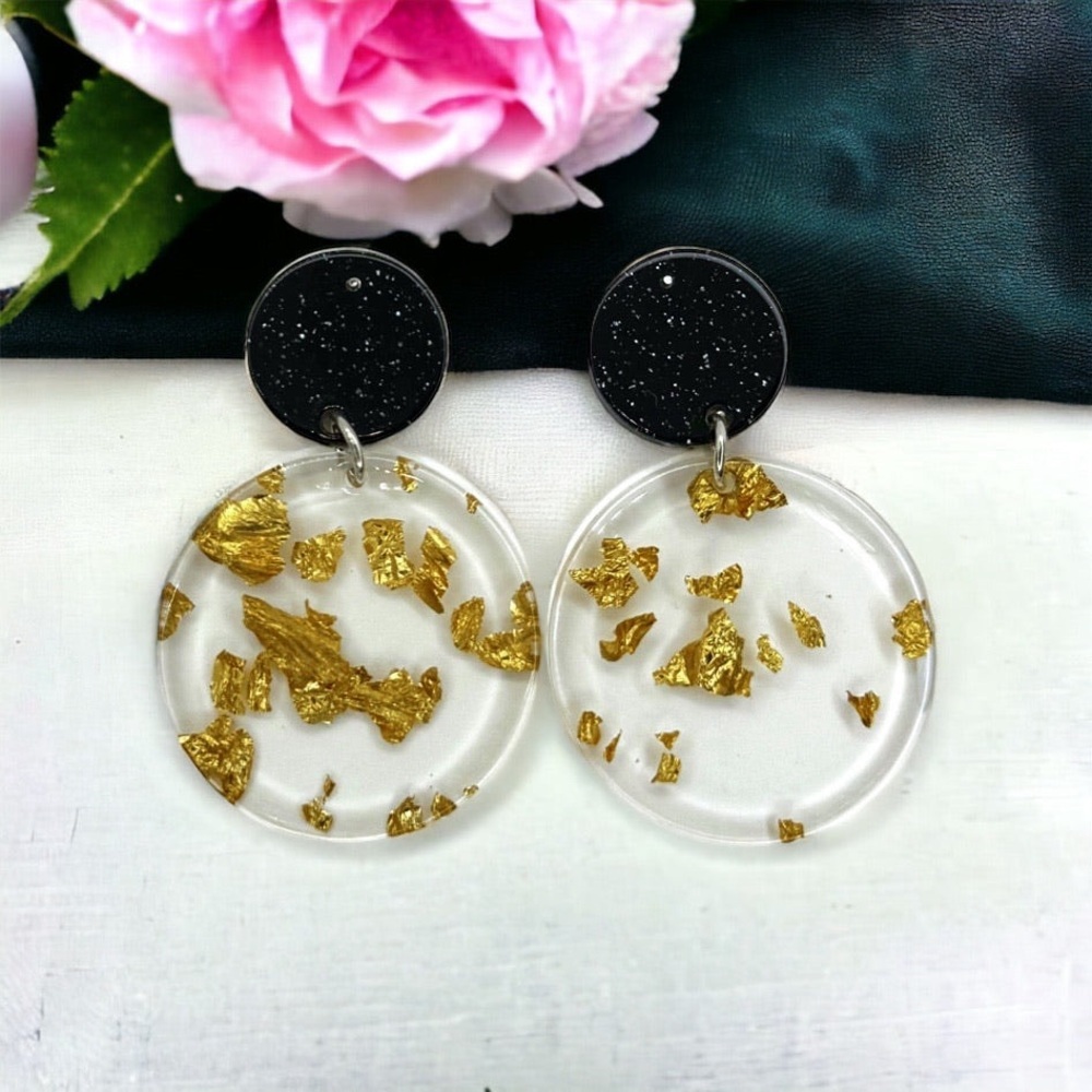 Chic Gold & Black Acrylic Earrings with Gold Leaf Flecks | NWT Elegance! - Picture 4 of 6